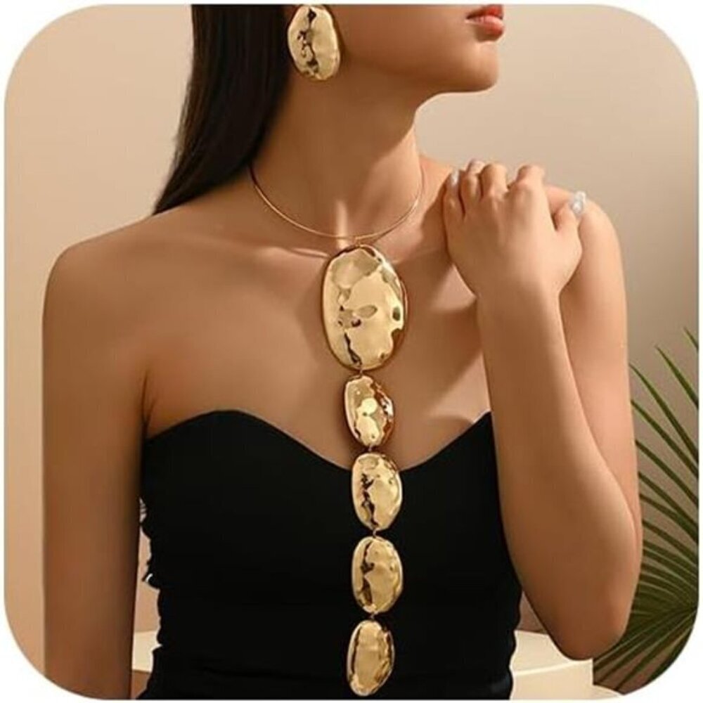 Chunky Gold Sofy  Necklace Earring Set for Women Exaggerated Geometric Hammered